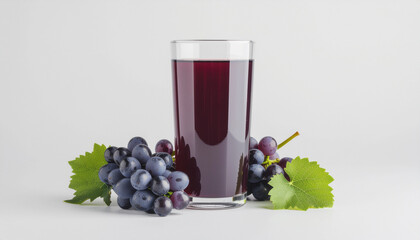 Glass of purple grape juice with grape bunch beside it, white studio background