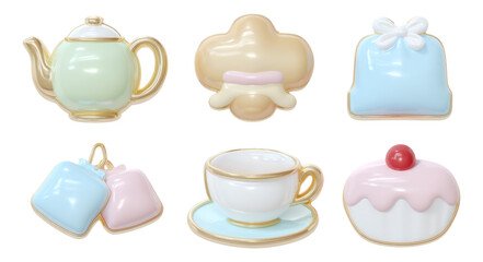 Cute Pastel Kitchen Objects with Teapot, Cupcake, and Cookies on Transparent Background