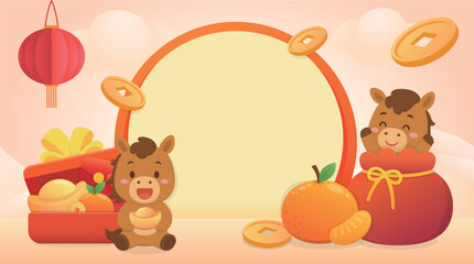 Chinese Lunar New Year poster, red lanterns, frame and gold coins, Year of the Horse mascot and character.