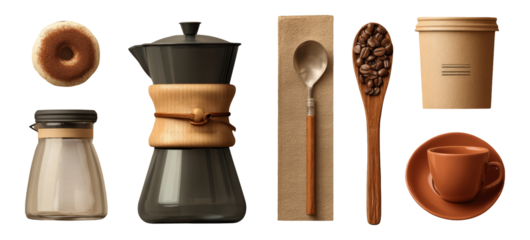 Isolated Coffee Elements in Various Colors and Styles on Transparent Background