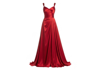 Red satin formal evening gown, elegant design isolated on transparent background