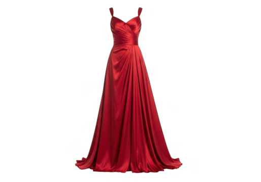 Red satin formal evening gown, elegant design isolated on transparent background