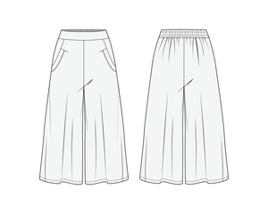 Women&rsquo;s Wide-leg pants, Fashion Flat Sketch Vector Illustration, CAD, Technical, Template, Mockup.