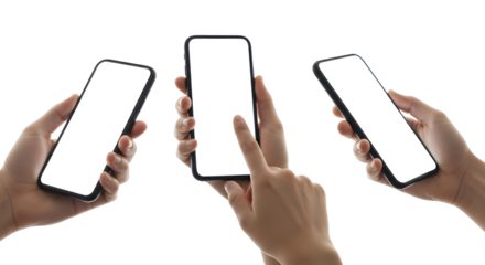 Three hands holding blank screen smartphones in various positions on a white background