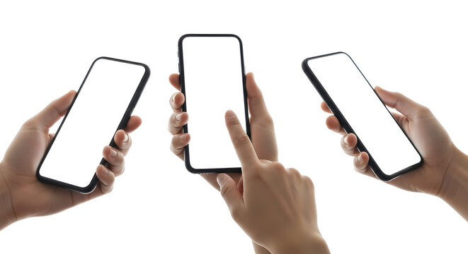 Three hands holding blank screen smartphones in various positions on a white background