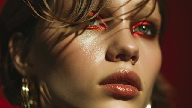 A woman with red hair and green earrings. She has red lipstick on her lips. She is wearing a green jacket. High fashion editorial christmas red green gold minimal gloss