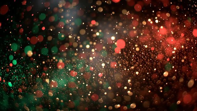 A colorful background with green and red dots. The dots are scattered all over the background. Holiday haze dreamy particles red green gold