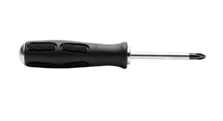 Black Handle Screwdriver With Silver Metal Shaft and Phillips Head Against Transparent Background Studio Lighting