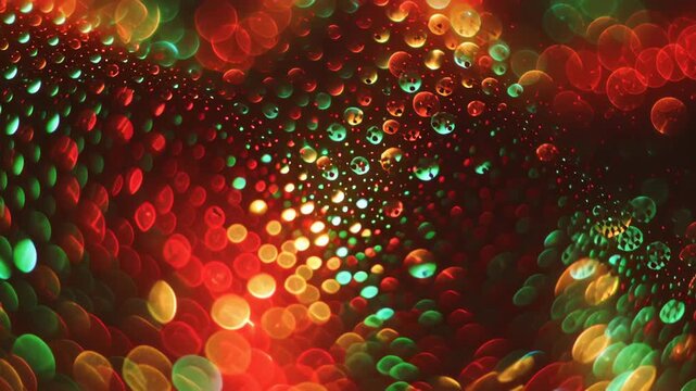 A colorful fabric with many small dots on it. The dots are in different colors and sizes. The fabric is red, green. Holographic diffraction subtle festive red green gold