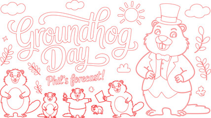 Groundhog Day Outline with Phil's Forecast Featuring Groundhogs, Clouds, Sun, and Decorative Branches
