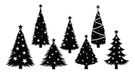 Collection of seven stylized black silhouette christmas trees with festive ornaments and stars against a white background