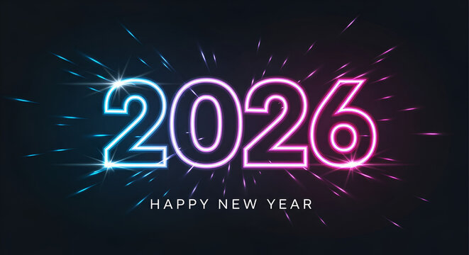 Happy New Year 2026 Neon Glow - A vibrant Happy New Year 2026 greeting with neon- numbers glowing in blue and pink on a dark background