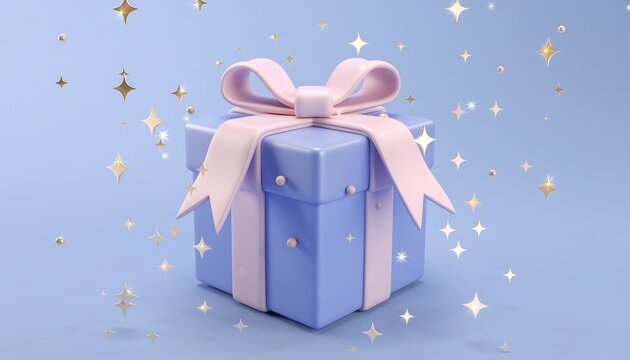 3D cartoon pastel gift box with ribbon and sparkles in cute clay style, perfect for celebration, holiday, and festive design themes.