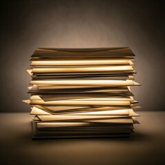 A tall stack of disorganized papers illuminated by warm light against a plain background, representing clutter, paperwork, or office work