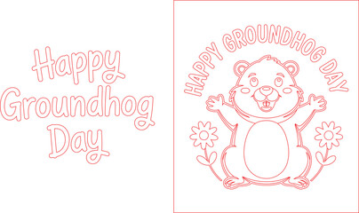 Fototapeta premium Line Art Groundhog Day Card Design Featuring Cartoon Groundhog and Flowers, Red Outline