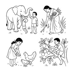 Adorable Kids&rsquo; Cartoon Lineart with Cloud Character Tamil Cute Girl Walking with a Little Cloud &ndash; Simple Line Art Illustration 