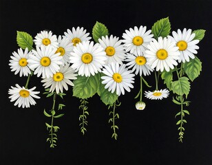 Close-up studio shot of detailed white daisies with yellow centers, green leaves, and black background