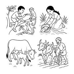 Adorable Kids’ Cartoon Lineart with Cloud Character Tamil Cute Girl Walking with a Little Cloud – Simple Line Art Illustration 