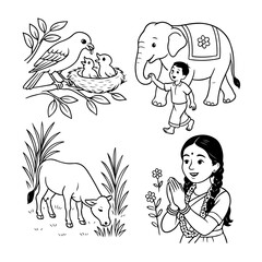 Adorable Kids’ Cartoon Lineart with Cloud Character Tamil Cute Girl Walking with a Little Cloud – Simple Line Art Illustration 