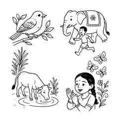 Adorable Kids’ Cartoon Lineart with Cloud Character Tamil Cute Girl Walking with a Little Cloud – Simple Line Art Illustration 