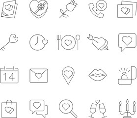 Collection of hand drawn romantic love icons and symbols in a sketchy doodle style on white background