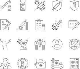 Collection of medical icons representing vaccination healthcare and scientific research concepts