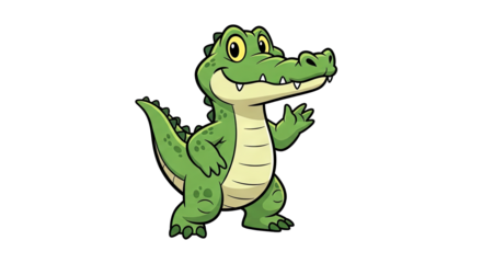 Cartoon alligator waving with a friendly smile and green scales in a playful pose against a transparent background