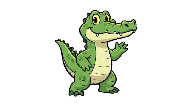 Cartoon alligator waving with a friendly smile and green scales in a playful pose against a transparent background