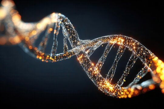 Abstract DNA Strand with Glowing Particles on Dark Background