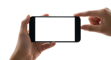Hands holding a modern smartphone horizontally with a blank white screen ready for content