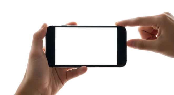 Hands holding a modern smartphone horizontally with a blank white screen ready for content