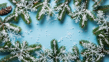 Christmas background with snowflake ornaments pine branches and a pinecone on a light blue surface