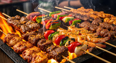 Delicious meat and vegetable skewers grilling over open flames.