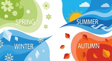 A vibrant illustration showcasing the four seasons with distinct visual elements and color palettes.