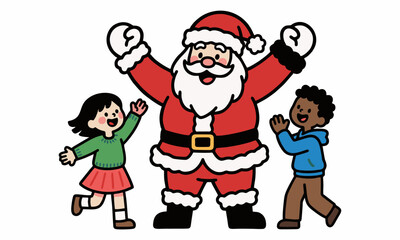 Cheerful Santa Claus with children and gifts in a festive Christmas celebration.