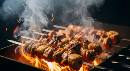 Delicious meat skewers grilling over a smoky open fire barbecue.