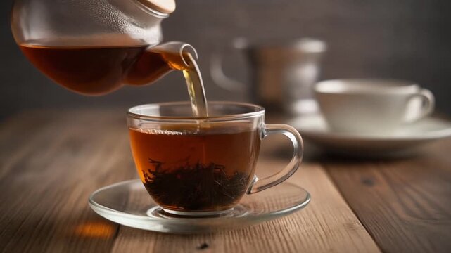 A clear glass teapot pours dark amber tea into a matching glass cup filled with tea leaves.