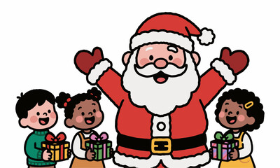 Cheerful Santa Claus with children and gifts in a festive Christmas celebration.