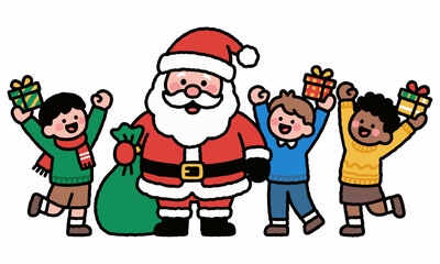 Cheerful Santa Claus with children and gifts in a festive Christmas celebration.