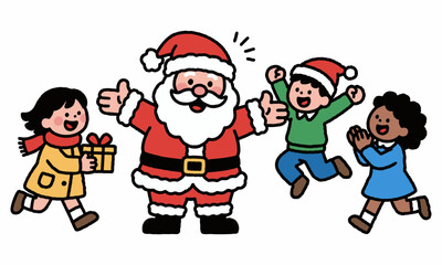 Cheerful Santa Claus with children and gifts in a festive Christmas celebration.