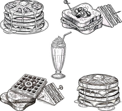 Engraved American breakfast icon set with pancakes waffles toast and milkshake vintage vector illustration