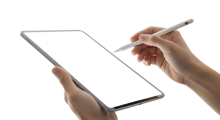 Close-up of hands holding and using a stylus on a blank tablet screen with white background