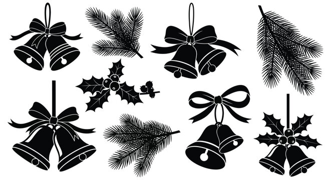 Collection of black and white christmas ornaments featuring bells pine branches and holly with ribbons