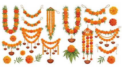 A collection of decorative Indian festival garlands made of orange marigolds, green mango leaves, and hanging diyas.