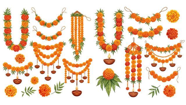 A collection of decorative Indian festival garlands made of orange marigolds, green mango leaves, and hanging diyas.
