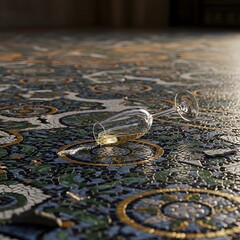 An overturned wine glass lying on a colorful mosaic floor with scattered glass fragments and a warm, ambient lighting effect