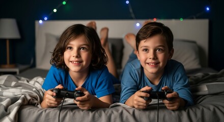 Two cheerful young boys lying on a bed playing video games together with controllers.