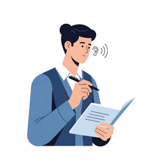 Illustration of a person with dark hair in a bun, wearing blue vest, writing in a notebook. focused!