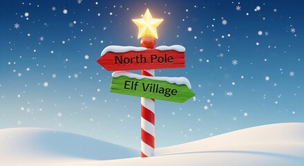 A festive candy cane signpost pointing to the North Pole and Elf Village in a snowy winter landscape.