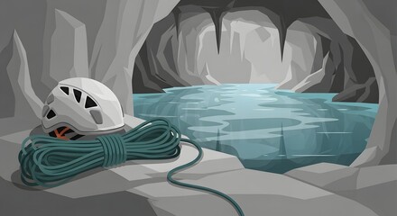 Climber Helmet and Rope Inside Ice Cave with Frozen Water Scene